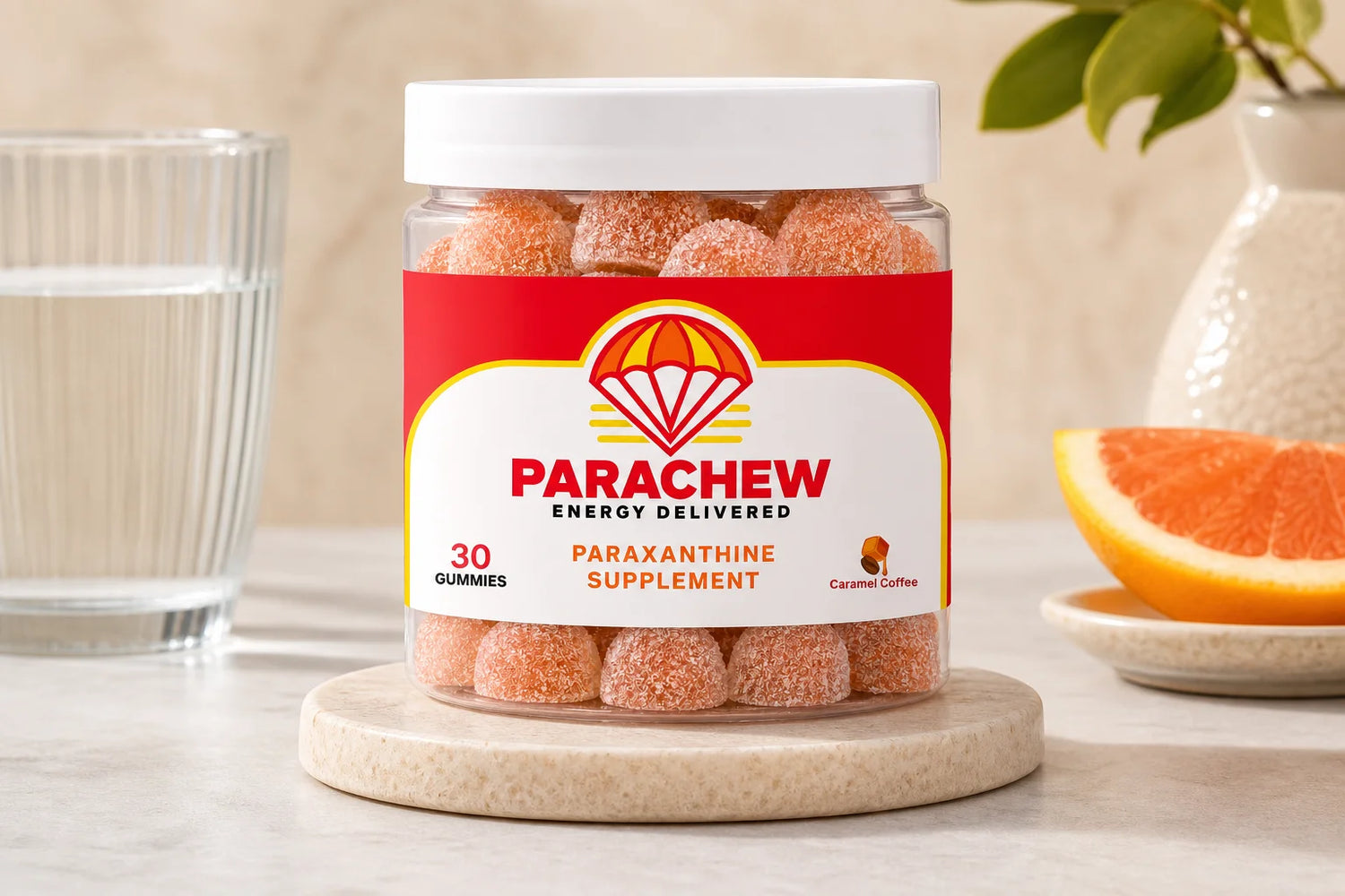 Parachew paraxanthine gummies on a gym bag representing a clean alternative to caffeine withdrawal headache