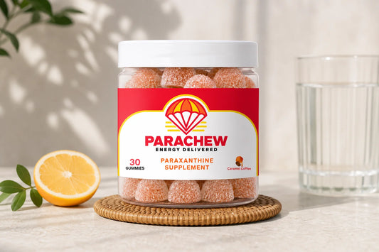 From pour-over to paraxanthine, Parachew gummies beside a ceramic pour-over coffee setup on a morning performance desk