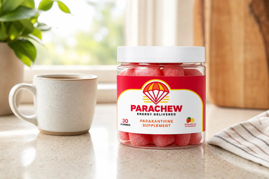 Parachew energy gummies at an athlete's pre-workout station showing how long paraxanthine lasts for performance
