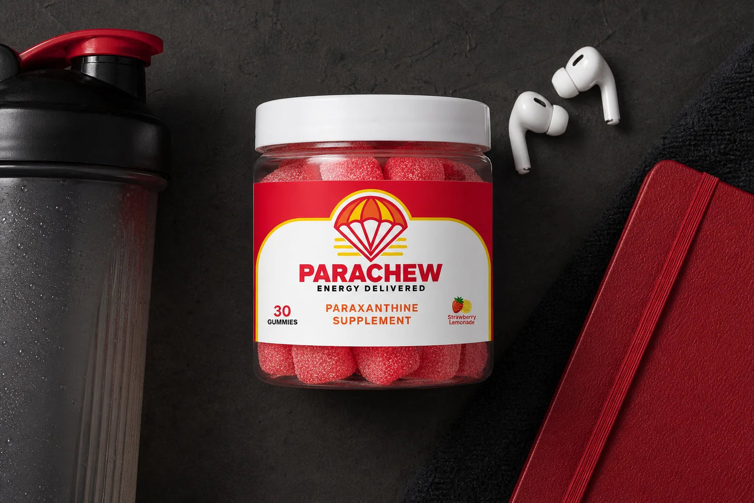Parachew paraxanthine energy gummies in a performance flat-lay setup, representing how paraxanthine works in the body for clean energy