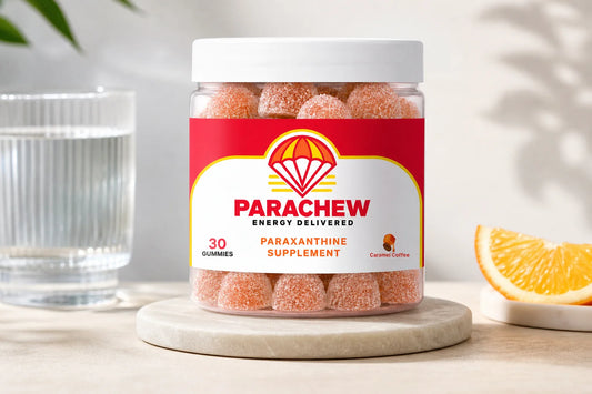Parachew energy gummy packaging in an athletic gym bag setting, representing is paraxanthine fda approved product transparency