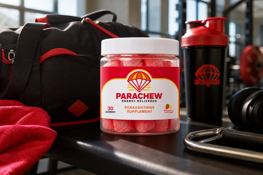 Parachew energy gummies on a gym bag with athletic gear, is paraxanthine safe lifestyle product photography