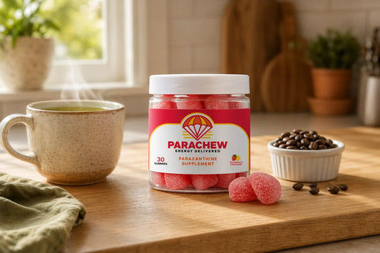Parachew paraxanthine energy gummies beside green tea and coffee on kitchen counter