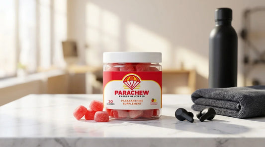 Parachew paraxanthine energy gummies lifestyle shot on desk with athletic gear