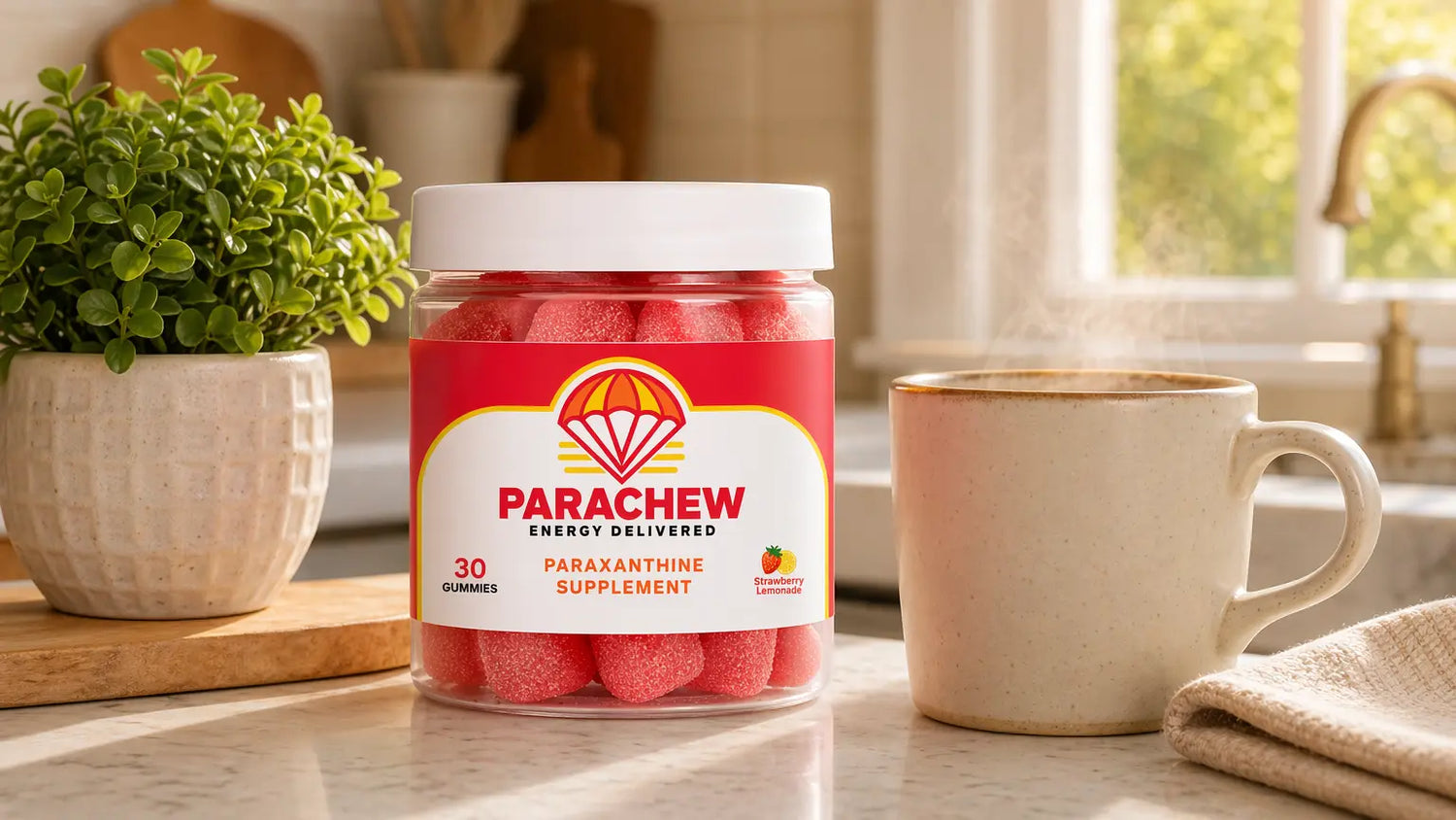 Parachew Energy Gummies bottle on a kitchen counter next to a steaming coffee mug and green plant showing paraxanthine as a natural supplement