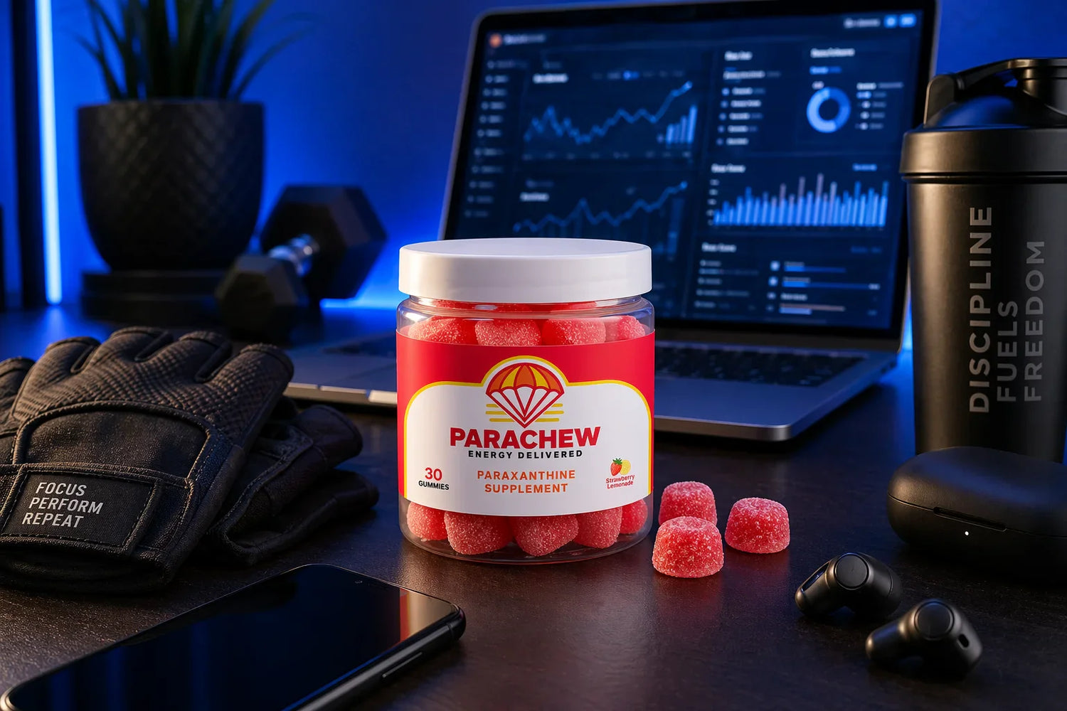 Parachew paraxanthine energy gummies on pre-workout desk setup with laptop and gym gear