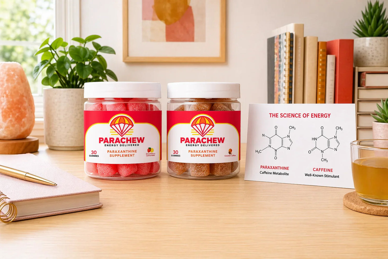 Parachew energy gummies on a desk with molecular comparison card showing paraxanthine versus caffeine structures