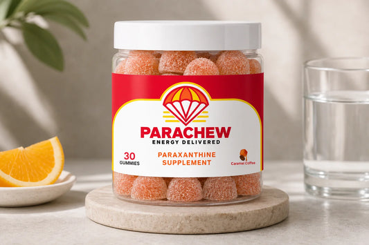 Parachew paraxanthine gummies on a modern desk setup representing the solution to paraxanthine for the 3pm crash
