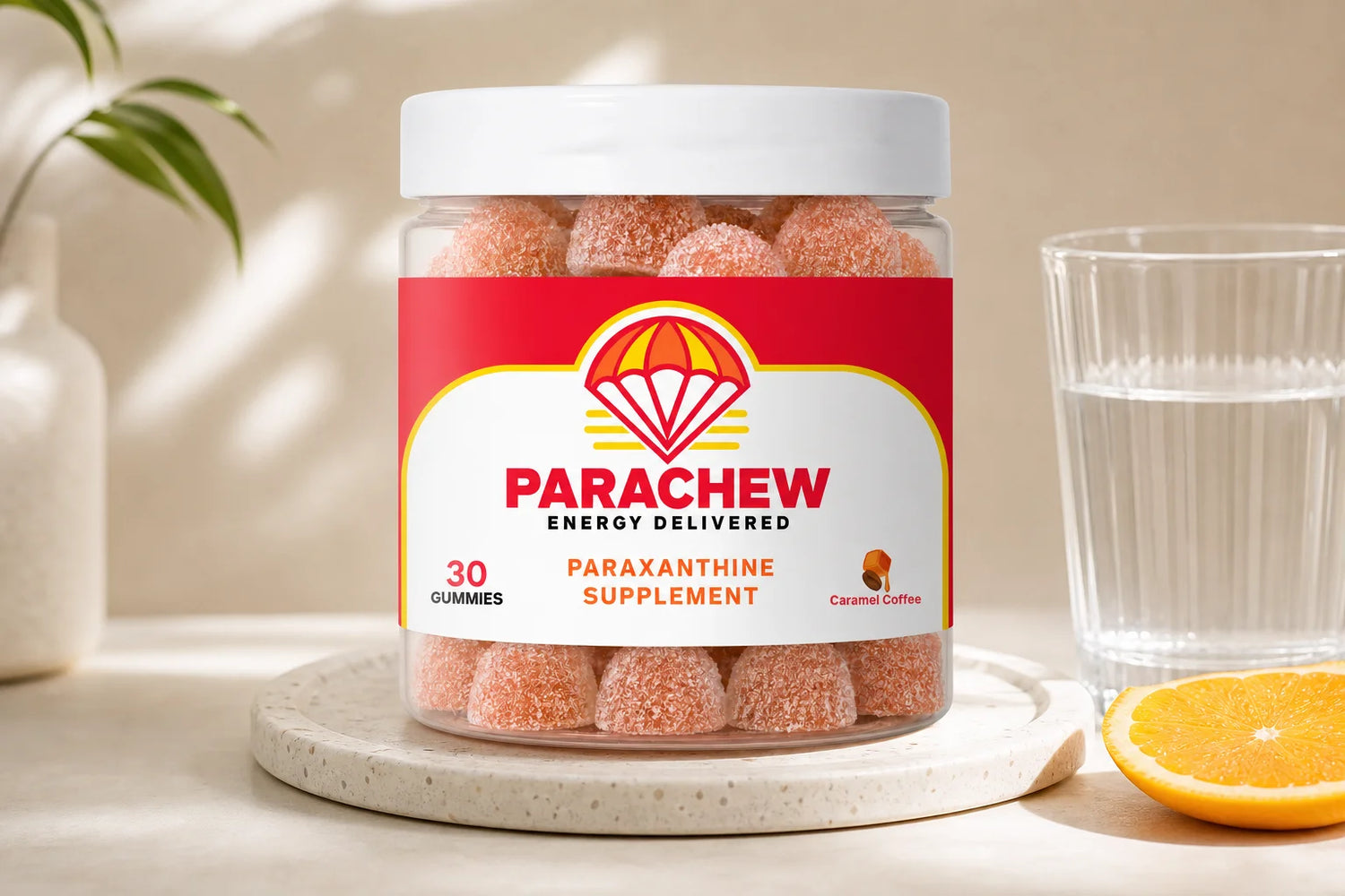 Parachew energy gummies on a performance desk setup representing paraxanthine for ADHD-style sustained attention support