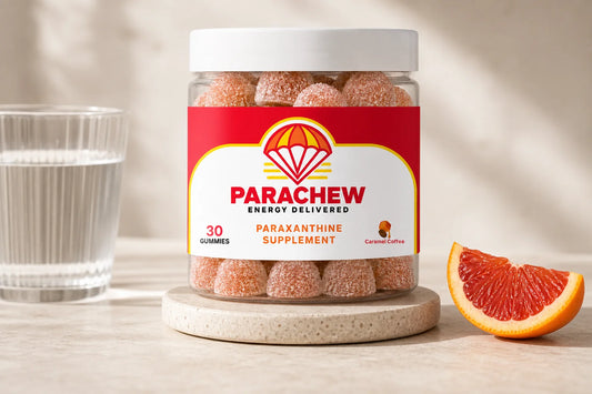 Parachew paraxanthine plus alpha-GPC gummy container on a gym bag with athletic accessories, lifestyle product photography for the performance stack