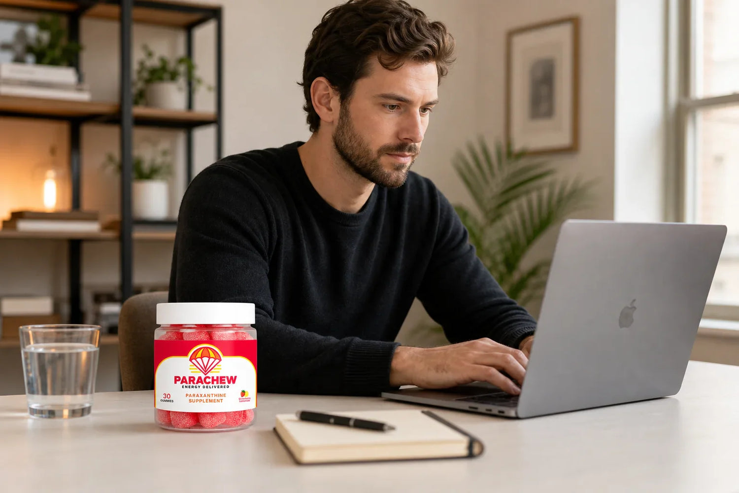 High-performer at a modern desk with Parachew gummies, representing paraxanthine and focus demands research