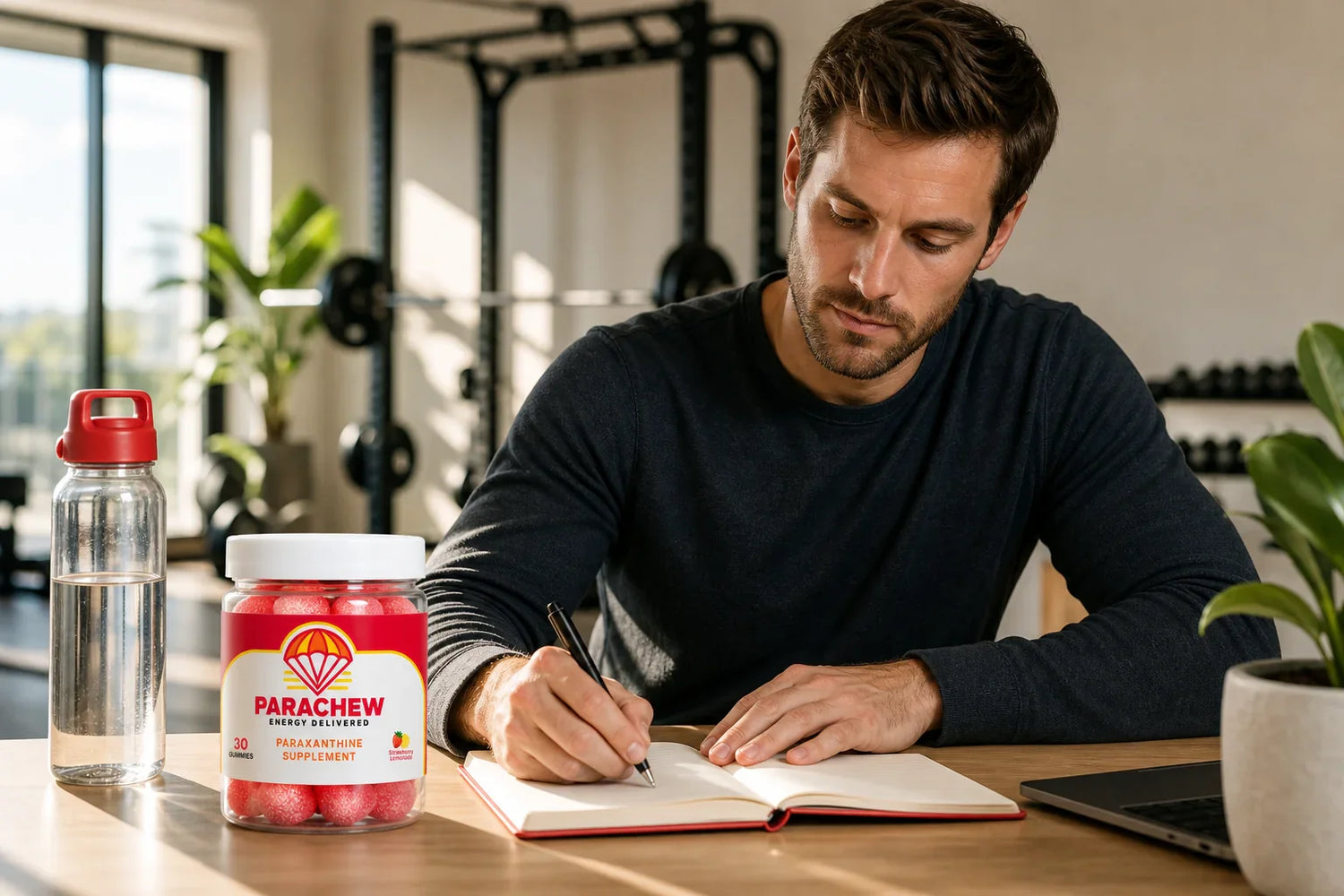 Parachew energy gummy container on a morning desk setup representing paraxanthine and mental clarity for high-performers