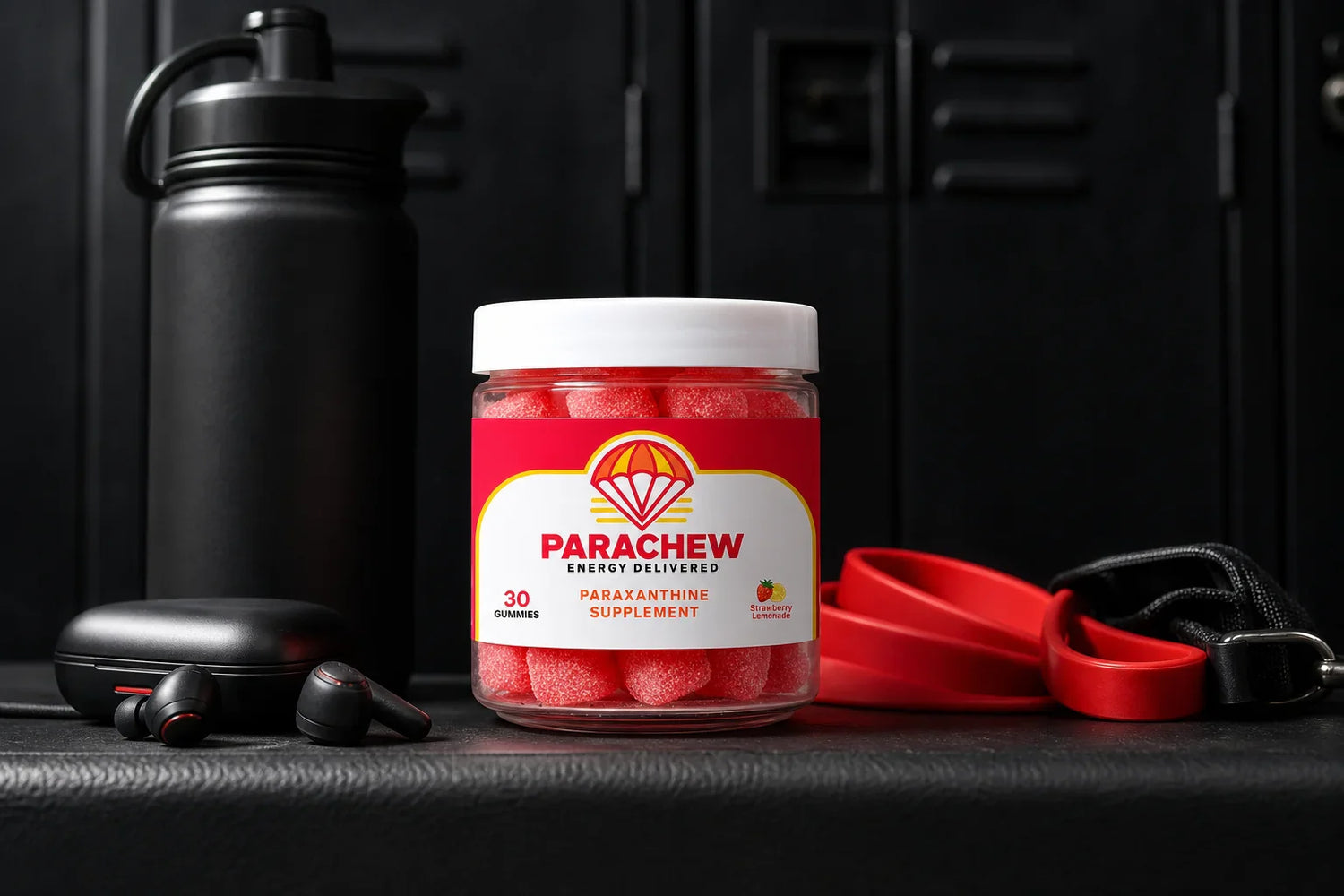Parachew energy gummies on a gym bench representing paraxanthine and nitric oxide circulation performance benefits