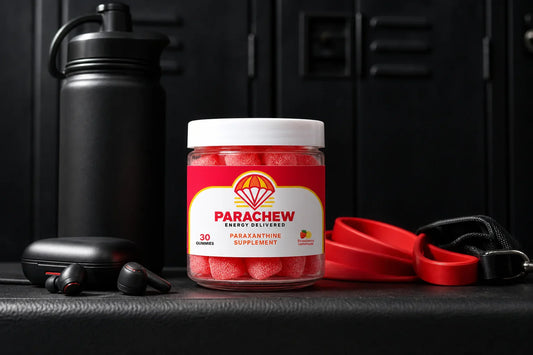 Parachew energy gummies on a gym bench representing paraxanthine and nitric oxide circulation performance benefits