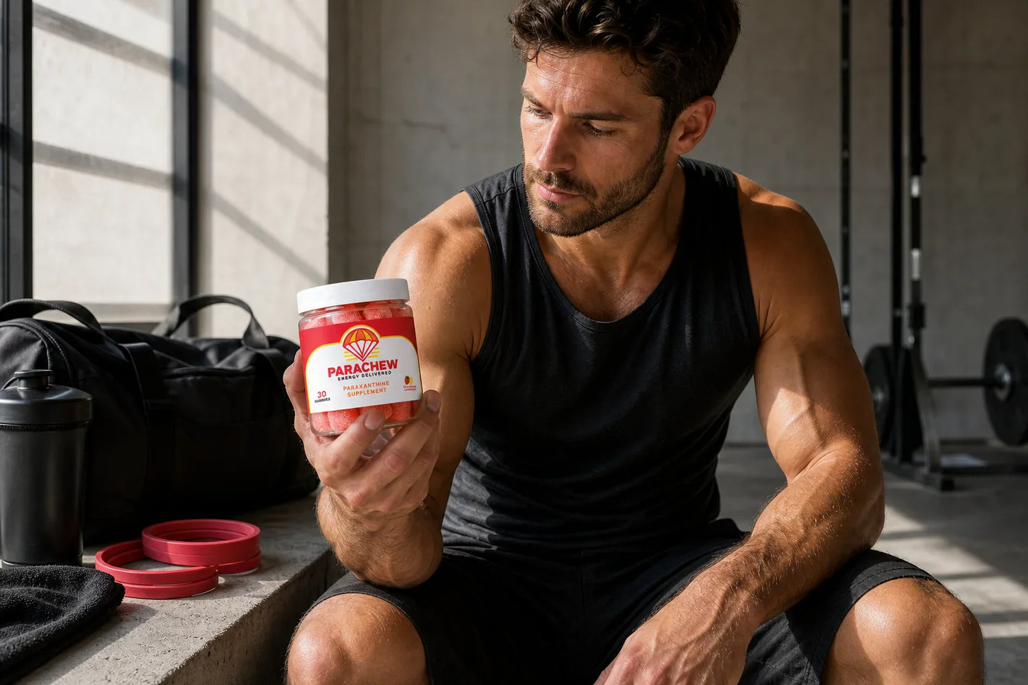 Athletic man at a home gym holding Parachew gummies, representing paraxanthine benefits for men in sports performance