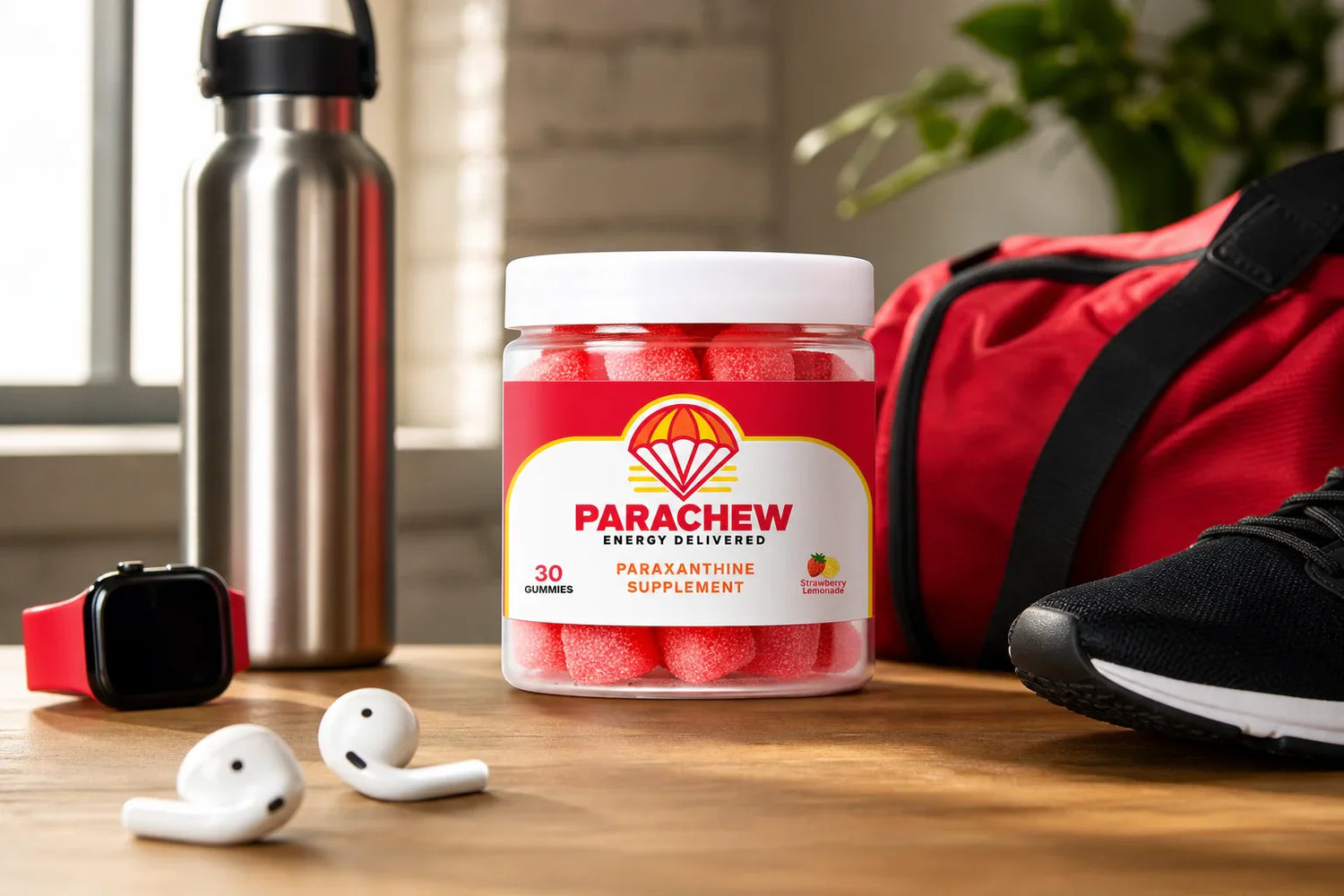 Parachew energy gummies on a pre-workout desk setup representing the paraxanthine daily limit for clean performance supplementation