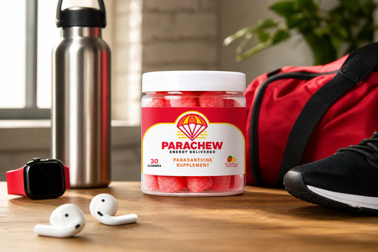 Parachew energy gummies on a pre-workout desk setup representing the paraxanthine daily limit for clean performance supplementation