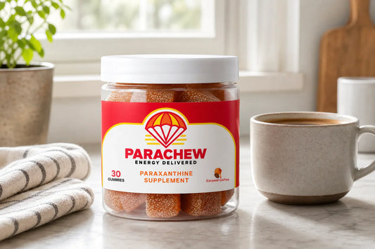Athlete preparing with Parachew gummies at a home gym station, paraxanthine dosage laid out with training gear in morning light