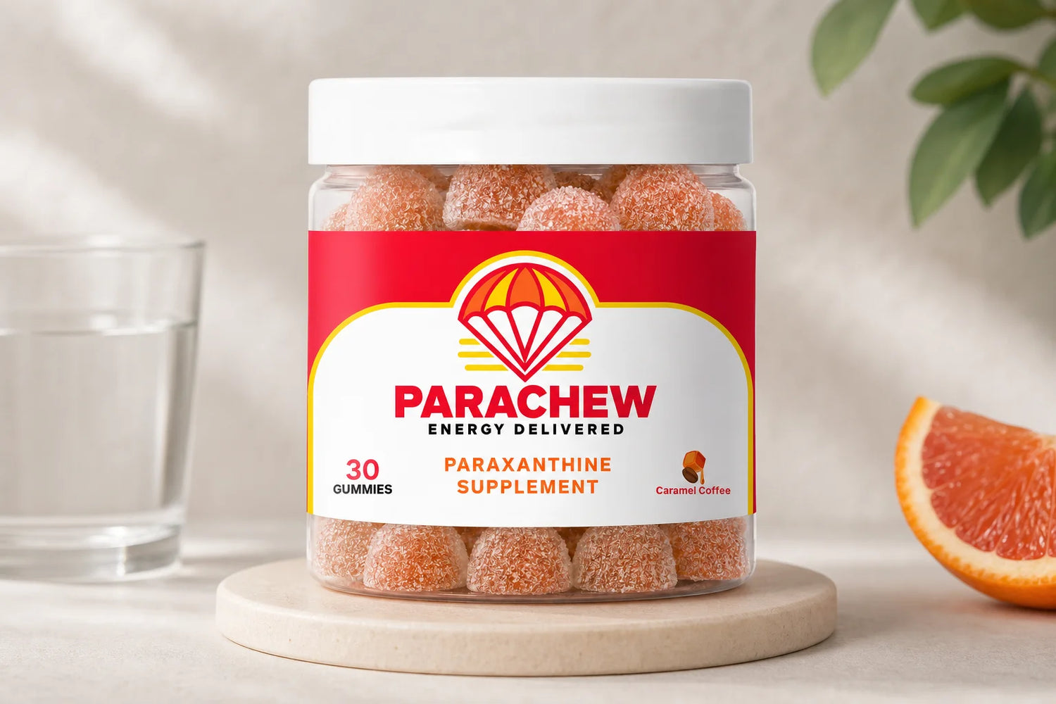 Parachew energy gummies product on a gym shelf representing paraxanthine energy drinks vs Red Bull and Celsius comparison