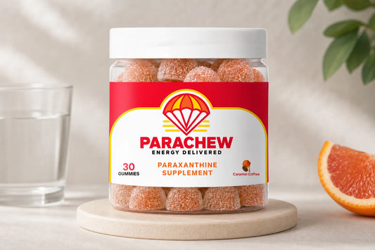 Parachew energy gummies product on a gym shelf representing paraxanthine energy drinks vs Red Bull and Celsius comparison