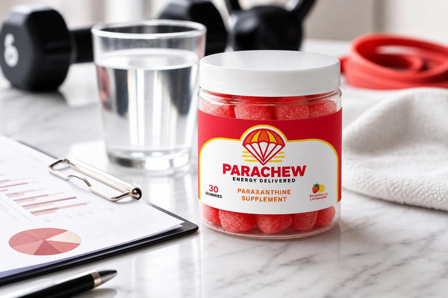 Parachew gummy packaging on a marble surface next to research notes and athletic gear illustrating paraxanthine effective dose