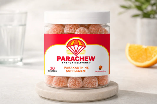 Parachew paraxanthine gummies for exercise and ADHD adult pre-workout support staged on a gym bag with athletic gear