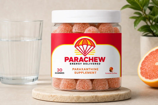 Parachew paraxanthine gummies next to a Celsius can on a gym counter, representing paraxanthine for the Celsius drinker as a cleaner energy alternative