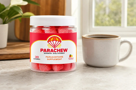 Parachew gummy pouch on a performance desk setup representing paraxanthine for focus
