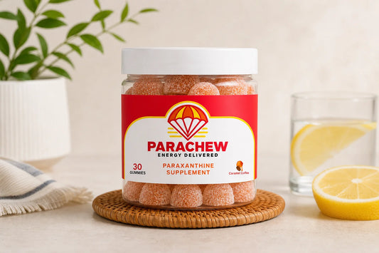 Parachew paraxanthine gummies on a home office desk illustrating paraxanthine half-life for caffeine-sensitive drinkers