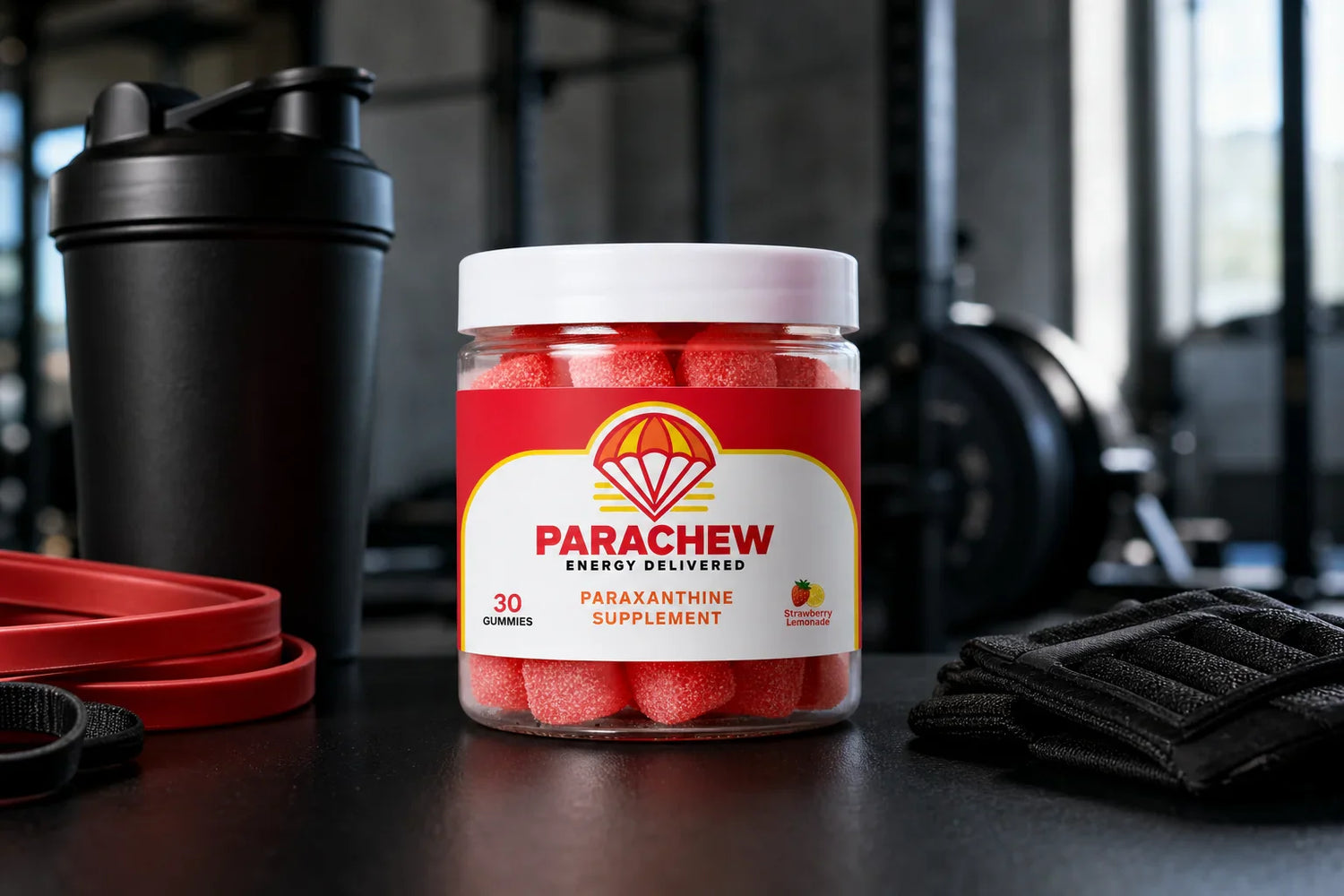 Parachew energy gummy product with athletic gear illustrating paraxanthine half life and performance energy duration