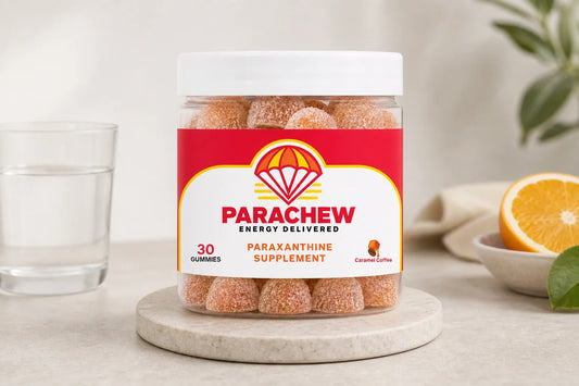 Parachew paraxanthine gummies on a modern performance desk representing the paraxanthine + l-theanine focus stack