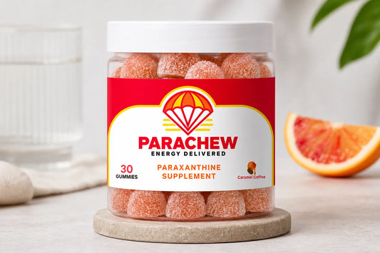 Parachew paraxanthine gummies displayed on an athletic surface, clearing up 7 paraxanthine myths caffeine-sensitive adults hear constantly