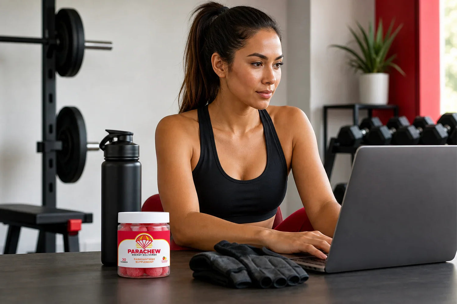 Athlete at a performance desk setup with Parachew gummies for paraxanthine nootropic effects support