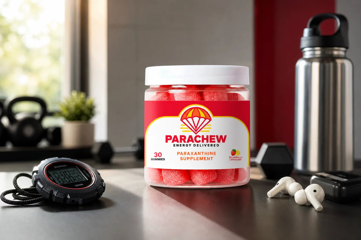 Parachew paraxanthine gummies on a performance desk setup with a stopwatch representing paraxanthine onset time