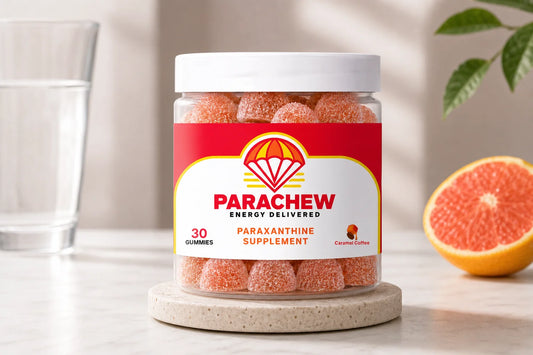 Parachew paraxanthine gummies on athlete performance desk representing paraxanthine receptor adaptation and clean energy without tolerance buildup