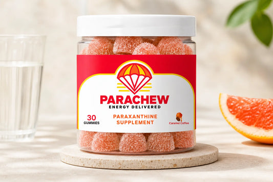 Parachew energy gummies on a nightstand representing paraxanthine and sleep compatibility for late-shift dosing