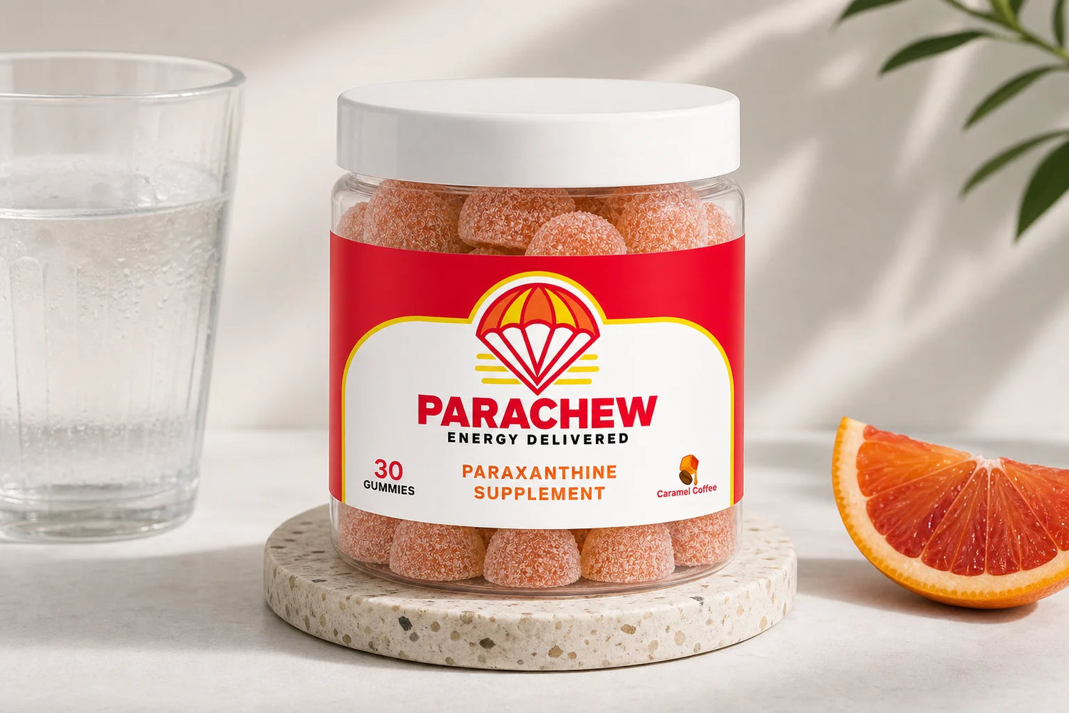 Parachew energy gummy product on an athlete performance desk with gym accessories, representing the difference between slow vs fast caffeine metabolizers
