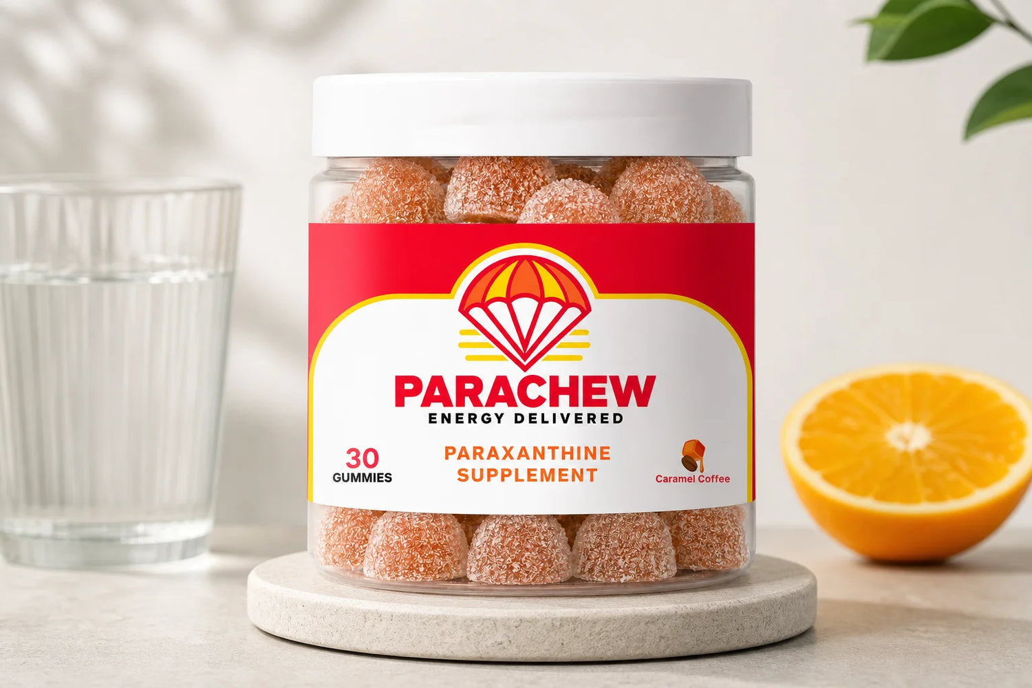 Morning vs night owl paraxanthine timing split scene with Parachew gummies in both an early morning and late night performance desk setup