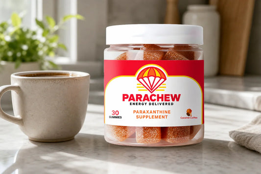 Parachew energy gummies in a gym prep setting illustrating paraxanthine to caffeine conversion explained through lifestyle product photography