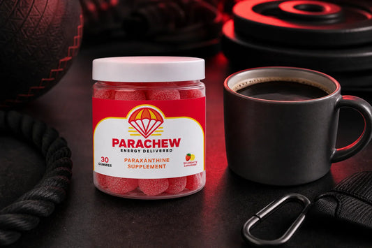 Parachew gummy supplement beside a coffee cup on an athletic desk illustrating the paraxanthine to caffeine ratio concept