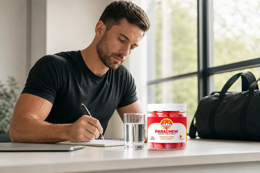 Focused athlete at desk with Parachew supplement gummies, representing paraxanthine tolerance and clean sustained energy