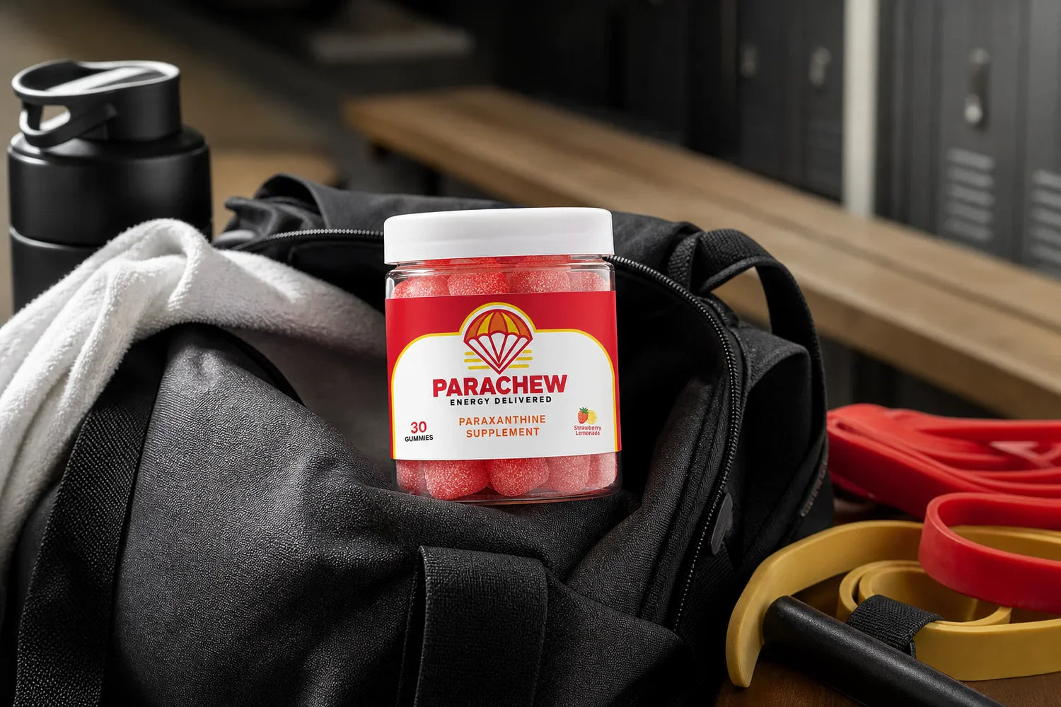 Parachew energy gummies on a gym bag representing the paraxanthine tolerance profile and clean performance energy
