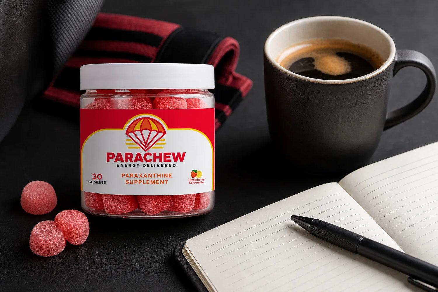 Parachew supplement pouch beside espresso cup on dark surface representing paraxanthine vs caffeine dosage comparison