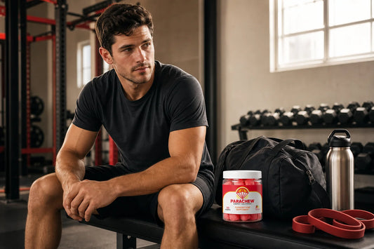 Athlete on gym bench with Parachew gummies, representing the paraxanthine vs caffeine clean energy comparison for performance
