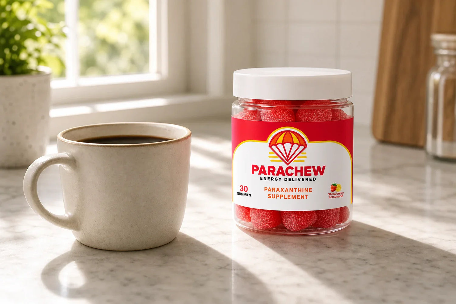 Parachew gummies beside a cup of coffee on a kitchen counter illustrating paraxanthine vs coffee comparison