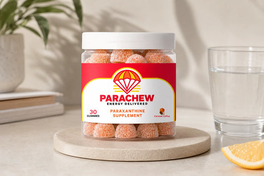 Parachew paraxanthine gummies compared side by side with pre-workout drinks in a performance athletic staging area