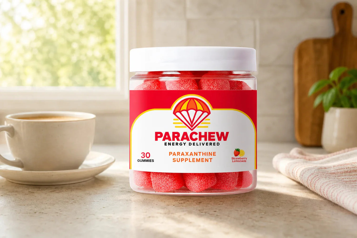 Paraxanthine vs theacrine supplement comparison displayed on a modern gym counter with athletic gear