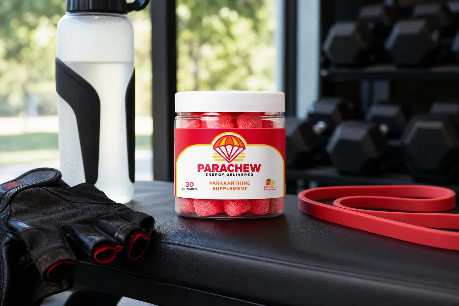 Parachew energy gummies on a gym bench with athletic gear illustrating paraxanthine vs theobromine as clean performance fuel