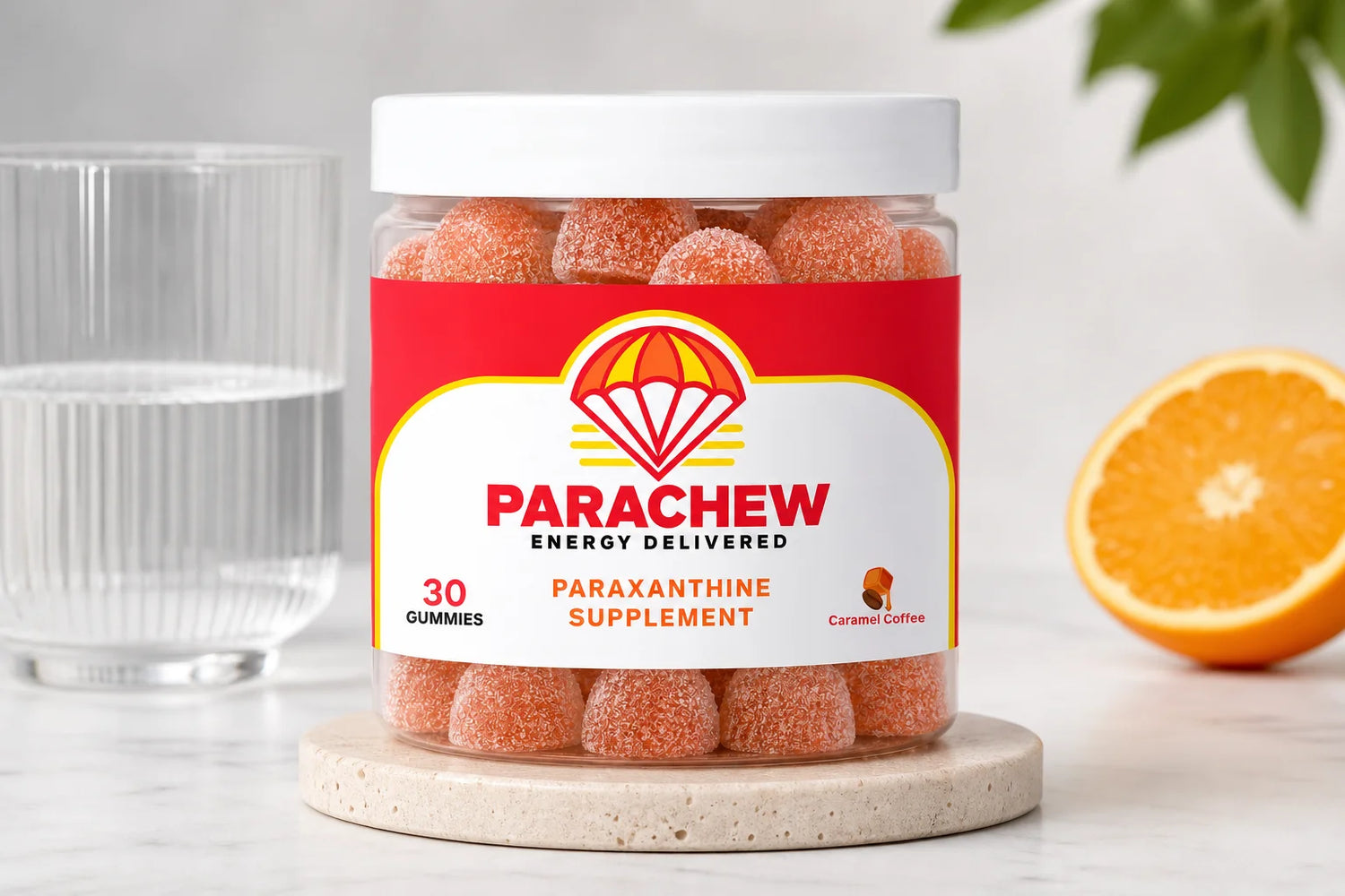 Parachew gummies in an open gym bag representing paraxanthine for working out caffeine-free pre-workout support