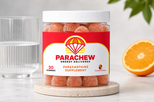 Parachew gummies in an open gym bag representing paraxanthine for working out caffeine-free pre-workout support